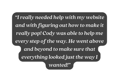 I really needed help with my website and with figuring out how to make it really pop Cody was able to help me every step of the way He went above and beyond to make sure that everything looked just the way I wanted